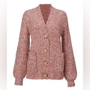Cabi - Heather Brick Twist Yarn Bishop-Sleeve Button Cardigan - sz S - NWOT
